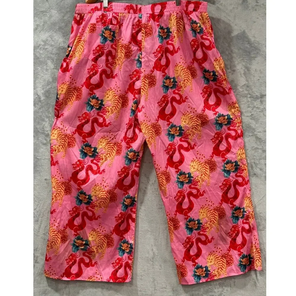 Dressed in LALA Year of the Dragon Satin Wide Leg Pants Dragon Tiger Women's 3XL